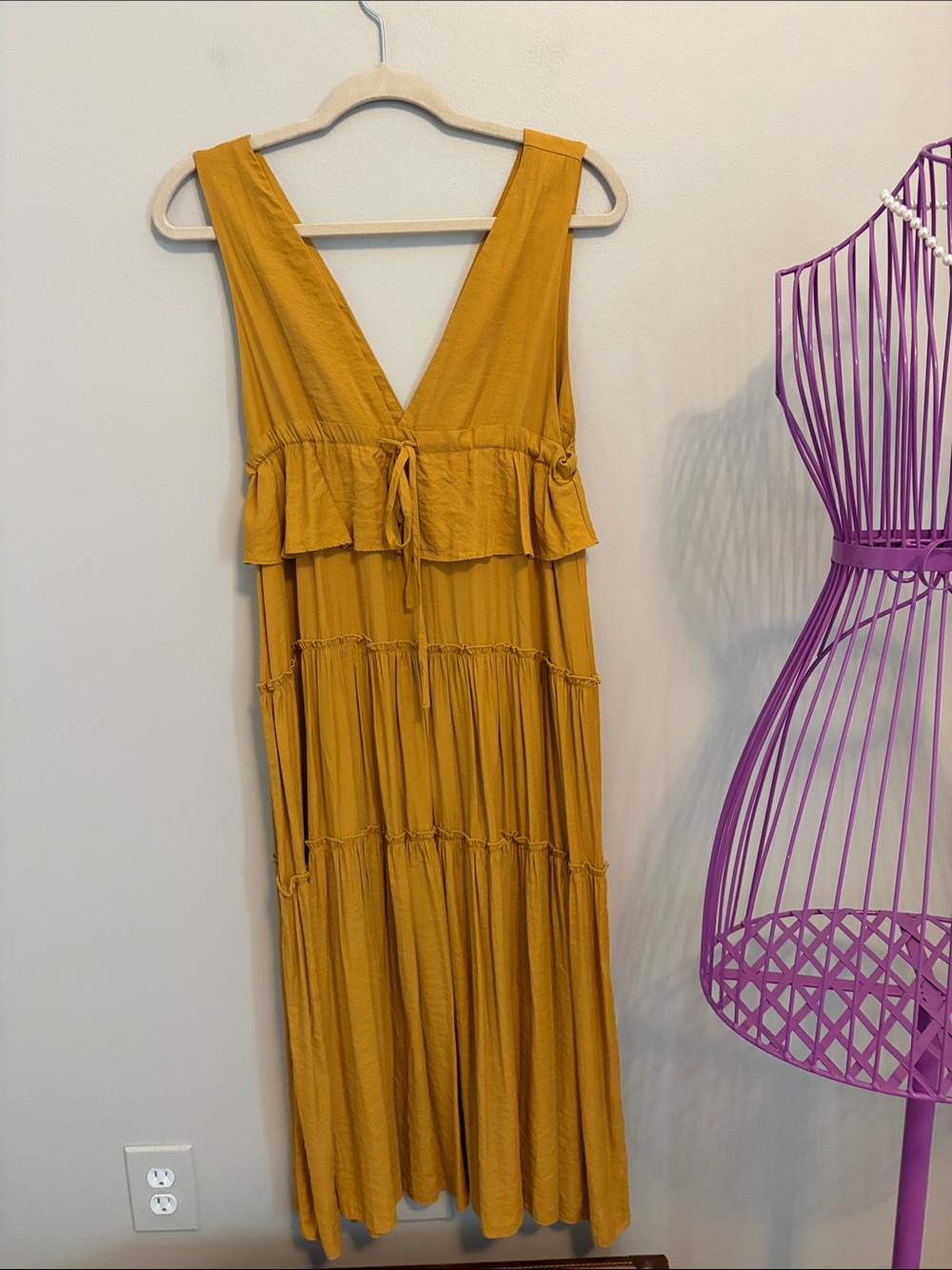 Sage The Label Mustard Tiered V-Neck Maxi Dress